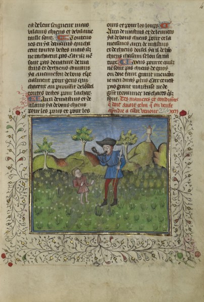 A Hunter and a Young Boy; Brittany, France; about 1430 - 1440; Tempera colors, gold paint, silver paint, and gold leaf on