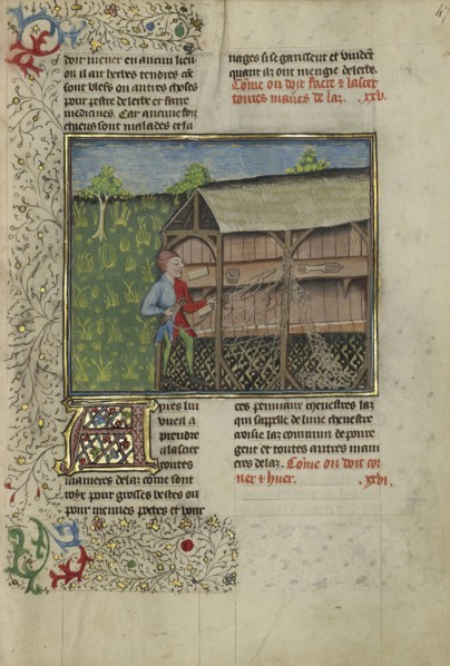 Hunters Making Snares; Brittany, France; about 1430 - 1440; Tempera colors, gold paint, silver paint, and gold leaf on parchment
