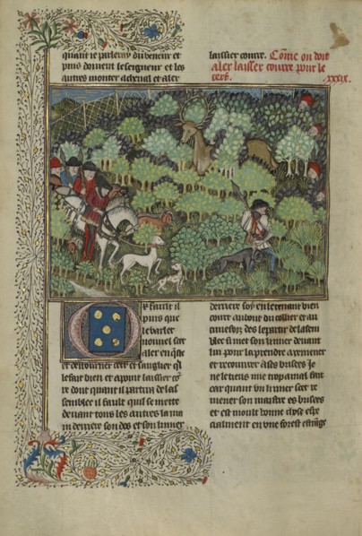 Hunters Pursuing a Deer; Brittany, France; about 1430 - 1440; Tempera colors, gold paint, silver paint, and gold leaf on