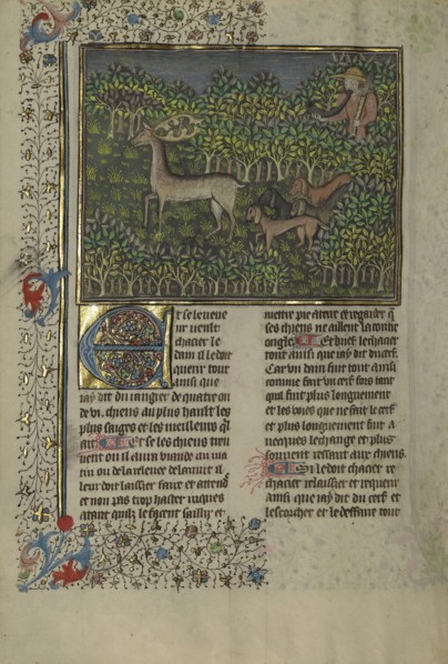 A Hunter and Dogs Pursuing a Fallow Deer; Brittany, France; about 1430 - 1440; Tempera colors, gold paint, silver paint