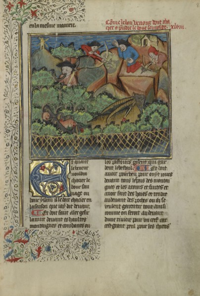 A Hunter and Dogs Pursuing Wild Goats; Brittany, France; about 1430 - 1440; Tempera colors, gold paint, silver paint, and gold