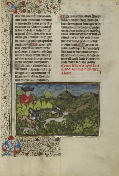 A Hunter and Dogs Pursuing a Hare; Brittany, France; about 1430 - 1440; Tempera colors, gold paint, silver paint, and gold leaf