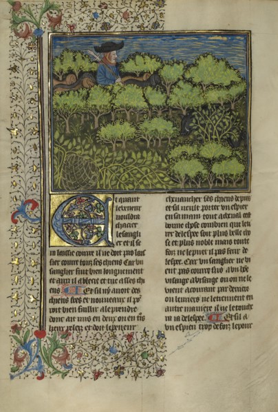 A Hunter and Dogs Pursuing a Wild Boar; Brittany, France; about 1430 - 1440; Tempera colors, gold paint, silver paint, and gold