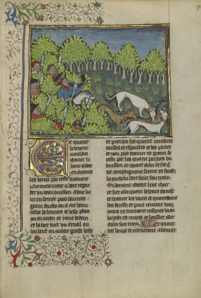 Hunters and Dogs Killing a Wolf; Brittany, France; about 1430 - 1440; Tempera colors, gold paint, silver paint, and gold leaf on
