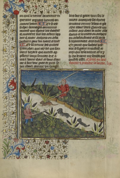 A Hunter and Dogs Attacking an Otter; Brittany, France; about 1430 - 1440; Tempera colors, gold paint, silver paint, and gold