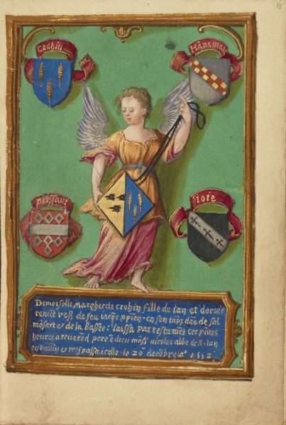 Arms of Marguerite Crohin; Bruges, Belgium; about 1480 - 1485 ?; Tempera colors and gold on parchment; Ms. 23, fol. 13