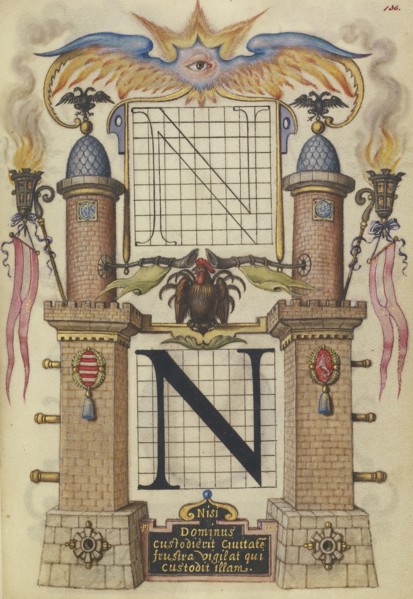 Guide for Constructing the Letter N; Joris Hoefnagel, Flemish , Hungarian, 1542 - 1600, Vienna, Austria; about 1591 - 1596