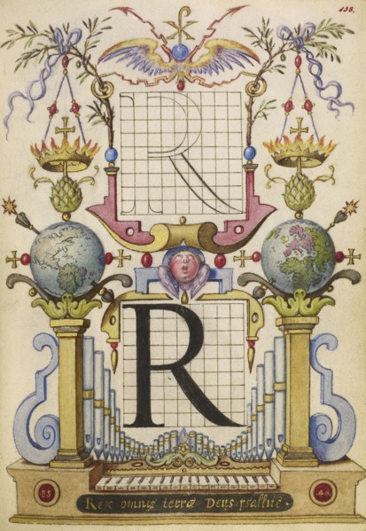 Guide for Constructing the Letter R; Joris Hoefnagel, Flemish , Hungarian, 1542 - 1600, Vienna, Austria; about 1591 - 1596