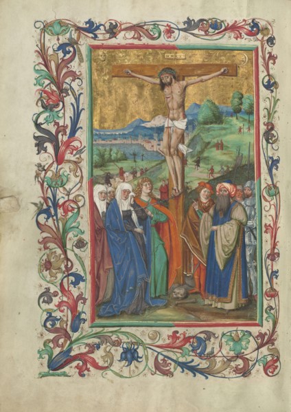 The Crucifixion; Westphalia, Germany; about 1500 - 1505; Tempera colors, gold paint, and ink on parchment; Leaf: 38.7 × 27.9 cm