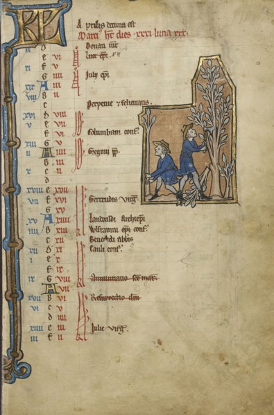 Men Pruning Trees; Bruges, possibly, Belgium; mid-1200s; Tempera colors, gold leaf, and ink on parchment; Leaf: 23.5 x 16.5 cm