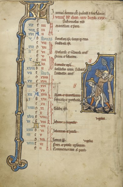 Gathering Twigs; Bruges, possibly, Belgium; mid-1200s; Tempera colors, gold leaf, and ink on parchment; Leaf: 23.5 x 16.5 cm