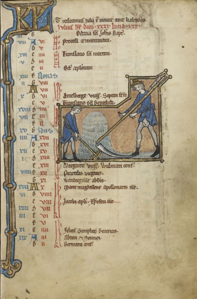 Men Mowing; Bruges, possibly, Belgium; mid-1200s; Tempera colors, gold leaf, and ink on parchment; Leaf: 23.5 x 16.5 cm