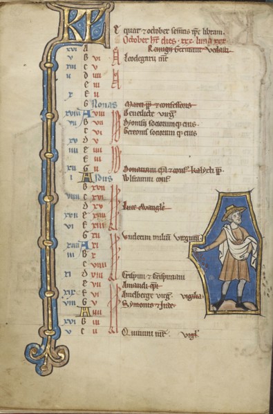 A Man Sowing; Bruges, possibly, Belgium; mid-1200s; Tempera colors, gold leaf, and ink on parchment; Leaf: 23.5 x 16.5 cm