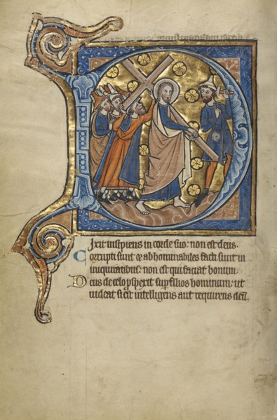 Initial D: The Way to Calvary; Bruges, possibly, Belgium; mid-1200s; Tempera colors, gold leaf, and ink on parchment; Leaf