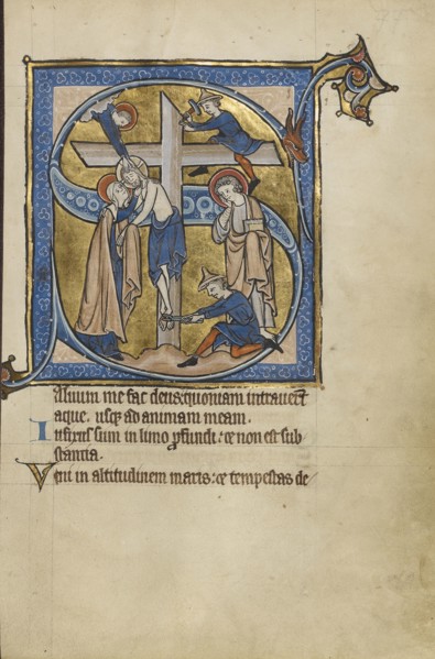 Initial S: The Deposition; Bruges, possibly, Belgium; mid-1200s; Tempera colors, gold leaf, and ink on parchment; Leaf