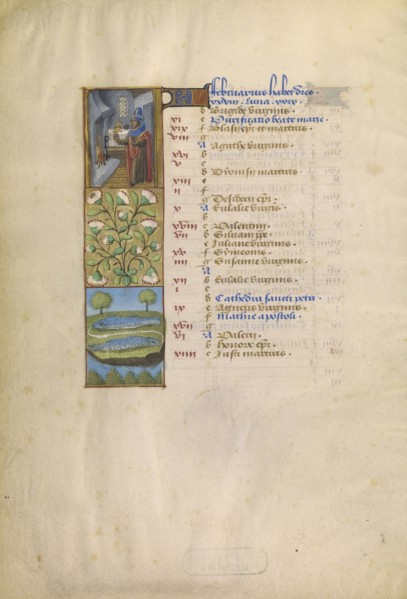 A Man Warming by a Fire; Zodiacal Sign of Pisces; Tours, France; about 1480 - 1485; Tempera colors, gold, and ink on parchment