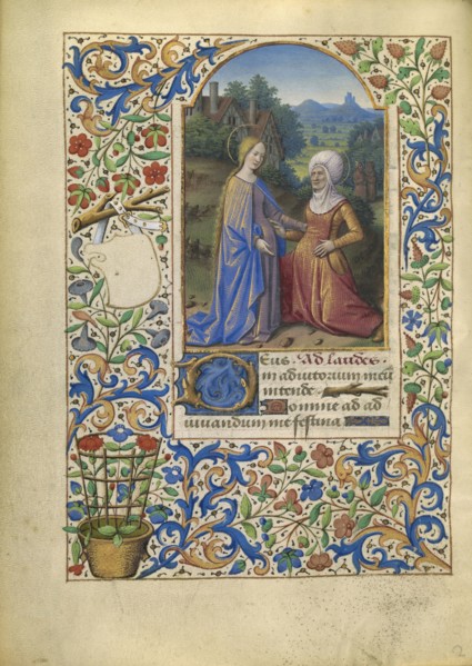 The Visitation; Jean Bourdichon, French, 1457 - 1521, Tours, France; about 1480–1485; Tempera colors, gold, and ink