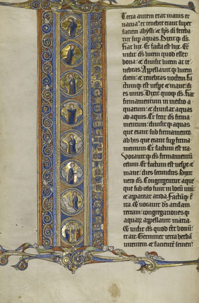 Initial I: Scenes of the Creation of the World and the Crucifixion; Lille, probably, France; about 1270; Tempera colors, black