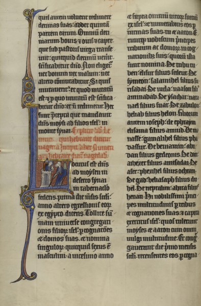 Initial L: God Speaking to Moses from a Tower; Lille, probably, France; about 1270; Tempera colors, black ink, and gold leaf
