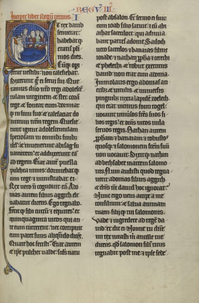 Initial E: Abishag before David on his Deathbed; Lille, probably, France; about 1270; Tempera colors, black ink, and gold leaf