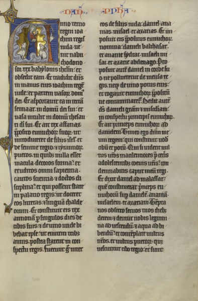 Initial A: Daniel in the Lions' Den; Lille, probably, France; about 1270; Tempera colors, black ink, and gold leaf on parchment