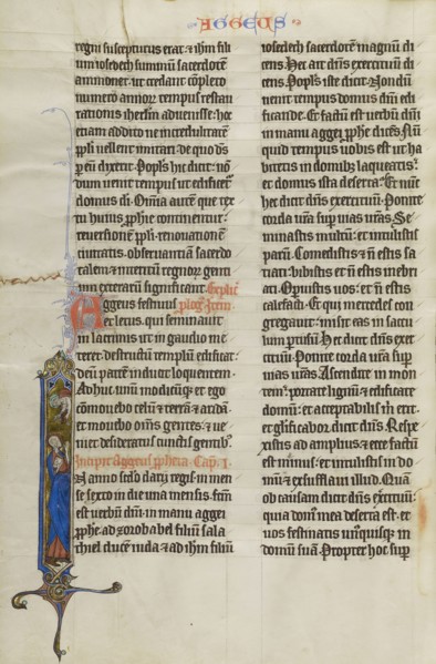 Initial I: God Speaking to Haggai; Lille, probably, France; about 1270; Tempera colors, black ink, and gold leaf on parchment