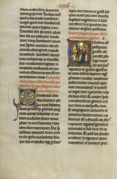 Initial E: Mattathias Killing Jews; Lille, probably, France; about 1270; Tempera colors, black ink, and gold leaf on parchment