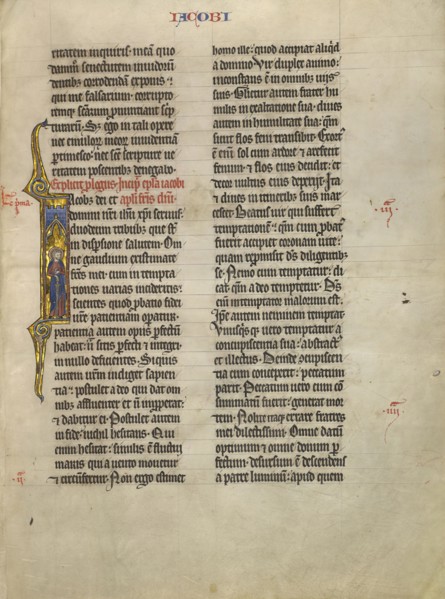 Initial J: Saint James with a Sword; Lille, France; about 1260 - 1270; Tempera, gold leaf, and pen and black ink on parchment