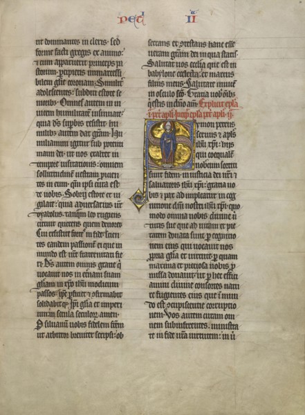 Initial S: Saint Peter with a Key; Lille, France; about 1260 - 1270; Tempera, gold leaf, and pen and black ink on parchment
