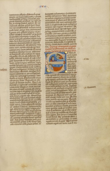 Initial E: The Death of Moses; Bologna, Emilia-Romagna, Italy; about 1280 - 1290; Tempera colors, gold leaf, and ink