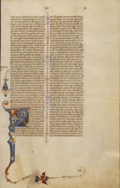 Initial F: Saul Dying; Bologna, Emilia-Romagna, Italy; about 1280 - 1290; Tempera colors, gold leaf, and ink on parchment; Leaf
