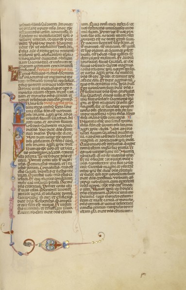Initial I: A Man Wearing a Crown and a Man Working; Bologna, Emilia-Romagna, Italy; about 1280 - 1290; Tempera colors, gold leaf