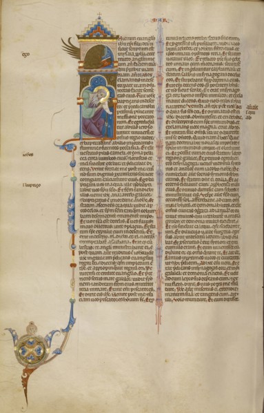 Initial I: Saint Mark with His Symbol; Bologna, Emilia-Romagna, Italy; about 1280 - 1290; Tempera colors, gold leaf, and ink