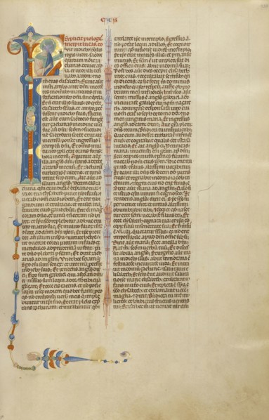 Initial F: Saint Luke with the Head of His Symbol; Bologna, Emilia-Romagna, Italy; about 1280 - 1290; Tempera colors, gold leaf