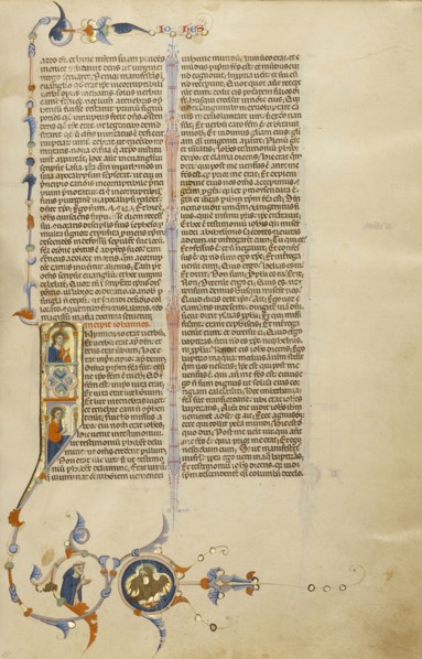 Initial I: Christ and Saint John the Evangelist; Bologna, Emilia-Romagna, Italy; about 1280 - 1290; Tempera colors, gold leaf