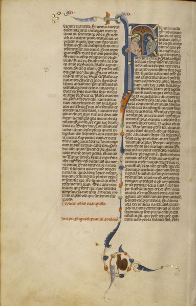 Initial P: A Monk and a Lay Person in Conversation; Bologna, Emilia-Romagna, Italy; about 1280 - 1290; Tempera colors, gold leaf