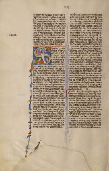 Initial S: Two Men Receive Peter's Letter; Bologna, Emilia-Romagna, Italy; about 1280 - 1290; Tempera colors, gold leaf, and ink