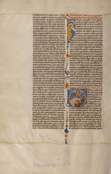 Initial A: Saint John Sleeping and an Angel with a Trumpet; Bologna, Emilia-Romagna, Italy; about 1280 - 1290; Tempera colors