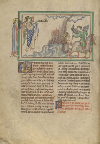 The Fifth Trumpet: The Angel of Destruction and the Locusts; London, probably, England; about 1255 - 1260; Tempera colors, gold