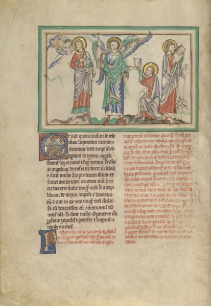 Saint John Eats the Book Received from the Angel; London, probably, England; about 1255 - 1260; Tempera colors, gold leaf