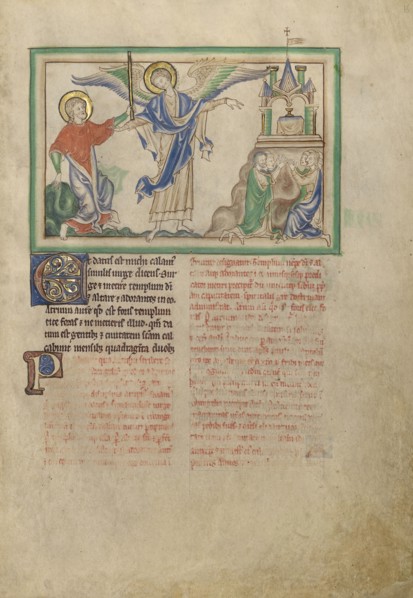 Saint John Takes the Rod to Measure the Temple; London, probably, England; about 1255 - 1260; Tempera colors, gold leaf