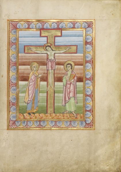 The Crucifixion; Mainz, Germany; about 1025 - 1050; Tempera colors and gold on parchment; Ms. Ludwig V 2, fol. 19