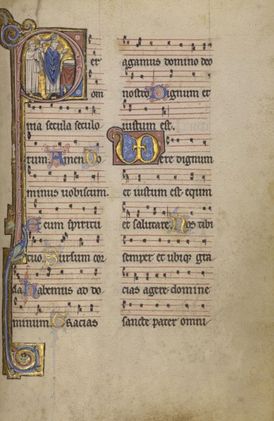 Initial P: A Priest and a Ministrant before an Altar; Lyon, France; begun after 1234 - completed before 1262; Tempera colors