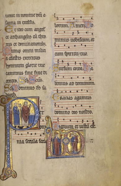Initial P: A Priest and Two Deacons before an Altar; Monogram VD: Ecclesia and Synagoga; Lyon, France; begun after 1234