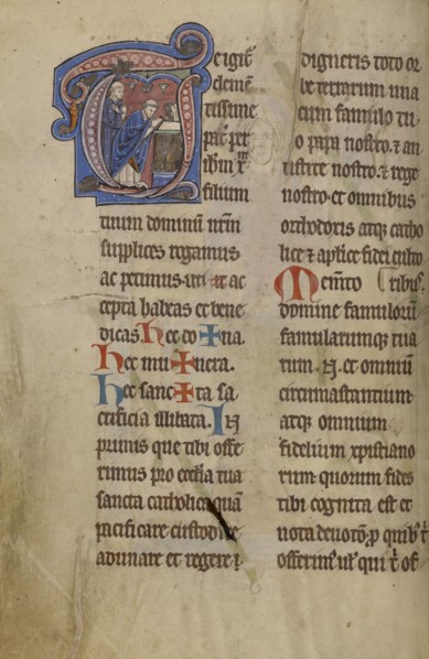 Initial T: A Priest Celebrating Mass; Lyon, France; begun after 1234 - completed before 1262; Tempera colors and gold leaf