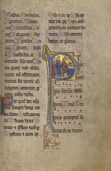 Initial P: A Priest and Two Deacons before an Altar; Lyon, France; begun after 1234 - completed before 1262; Tempera colors