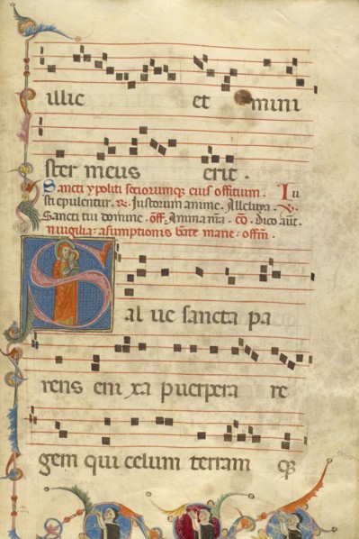 Initial S: The Virgin and Three Dominican Nuns in Prayer; Jacobellus of Salerno, Italian, active about 1270, Bologna