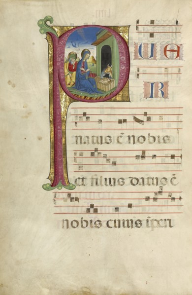 Initial P: The Adoration of the Christ Child and The Annunciation to the Shepherds; Northern Italy, Italy; about 1460 - 1480