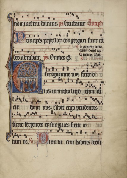 Initial E: The Mission of the Apostles; Flanders, Belgium; about 1260 - 1270; Tempera colors, gold leaf, silver, and ink