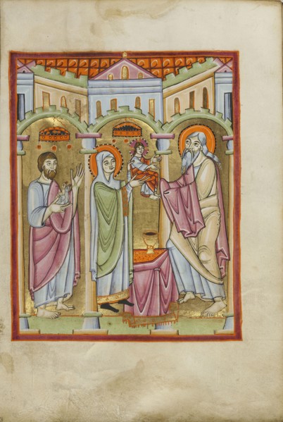 The Presentation in the Temple; Regensburg, Bavaria, Germany; about 1030 - 1040; Tempera colors, gold leaf, and ink on parchment